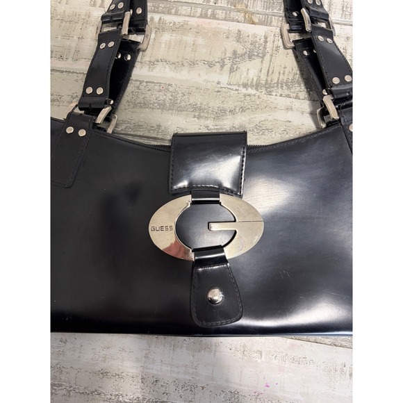 Guess Black Patent Leather Shoulder Bag Large G Logo Buckle Top Zip Closure - Picture 2 of 9